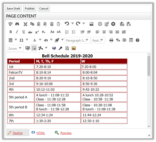 Example of Table Built with Table Tool in Content Editor