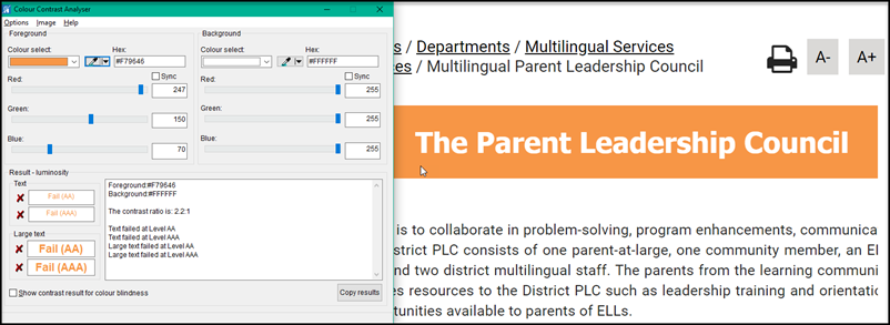 The Colour Contrast Analyser program says white text on orange does not meet contrast requirements.
