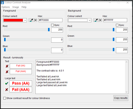 A pure red rgb(255,0,0) will not provide sufficient contrast with white.