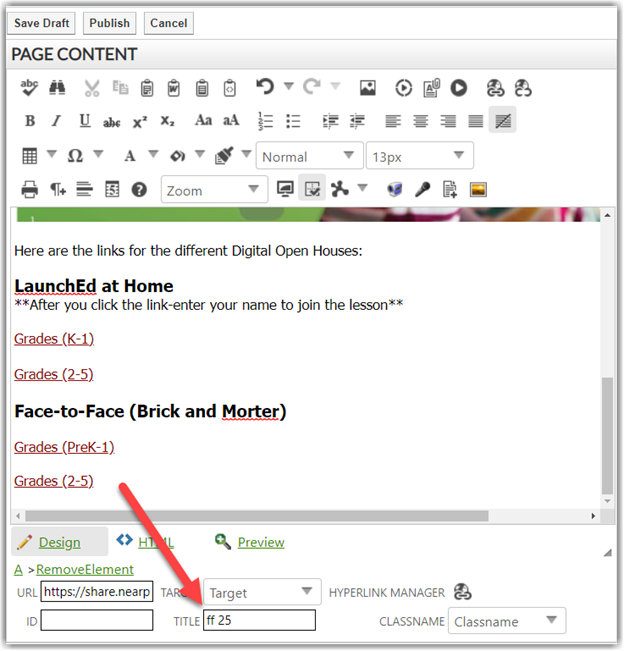A poor alt-text for a hyperlink as shown in the portlet editor attribute details at the bottom of the editor window