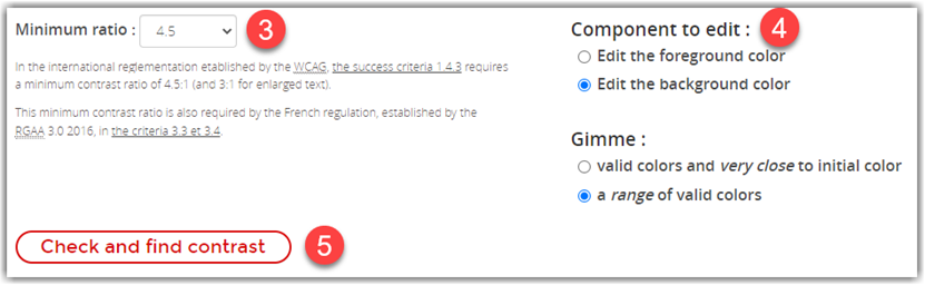 Tanaguru Color Contrast Finder specifying search parameters