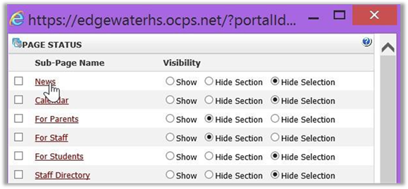 Find the News page through the Page Status dialog