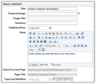The Page Content properties pertain to the display of the news page