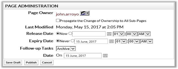 The Page Administration properties determine to display and remove the page